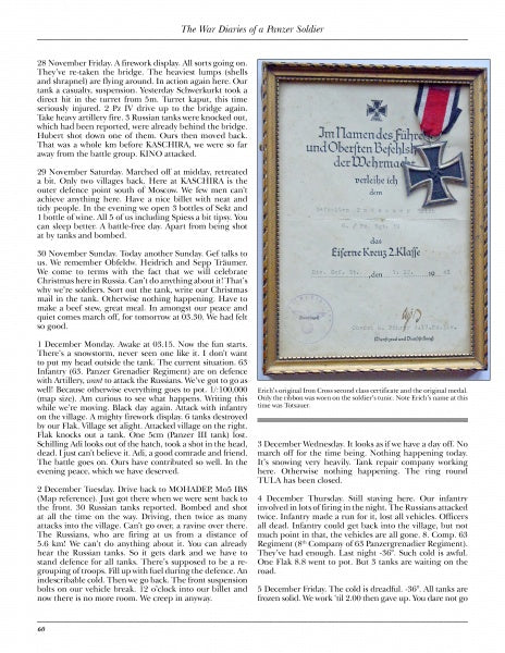 A page from The War Diaries of a Panzer Soldier by Schiffer Publishing, Ltd. features Erich Hager’s Russian Front diary entries and a framed German military award certificate photo in the top right corner.