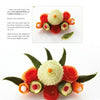 The book "Garnish and Decorating Made Easy" by Schiffer Publishing, Ltd. showcases decorative vegetable arrangements like a white melon flower with a red center, carrot and zucchini flowers, and green leaf garnishes on a white background.
