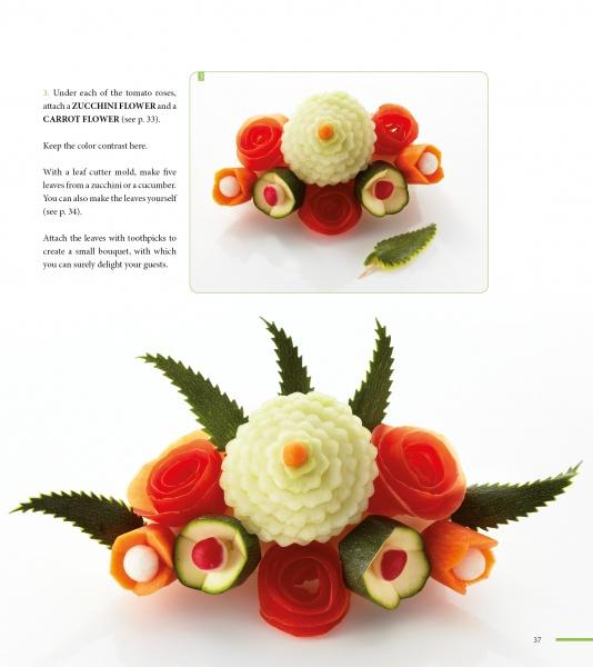 The book "Garnish and Decorating Made Easy" by Schiffer Publishing, Ltd. showcases decorative vegetable arrangements like a white melon flower with a red center, carrot and zucchini flowers, and green leaf garnishes on a white background.