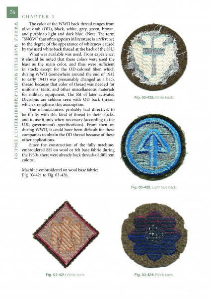 A page from Schiffer Publishing’s "U.S.-Made, Fully Machine-Embroidered, Cut Edge Shoulder Sleeve Insignia of World War II" displays four WWII patches (front and back) with descriptive text, showing varied shapes, colors, and stitching styles.