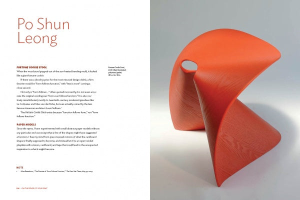 On the Edge of Your Seat by Schiffer Publishing, Ltd. showcases a modern abstract orange chair inspired by Philadelphia design with smooth curves and a right circular cutout, plus Po Shun Leong’s fortune cookie stools and paper models.