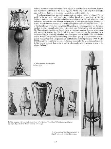 A page from "Edgar Brandt" by Schiffer Publishing, Ltd. showcases four photos of Art Deco ironwork, including a lamp, vases, and stands by the French metalsmith, with descriptive text on the right side.
