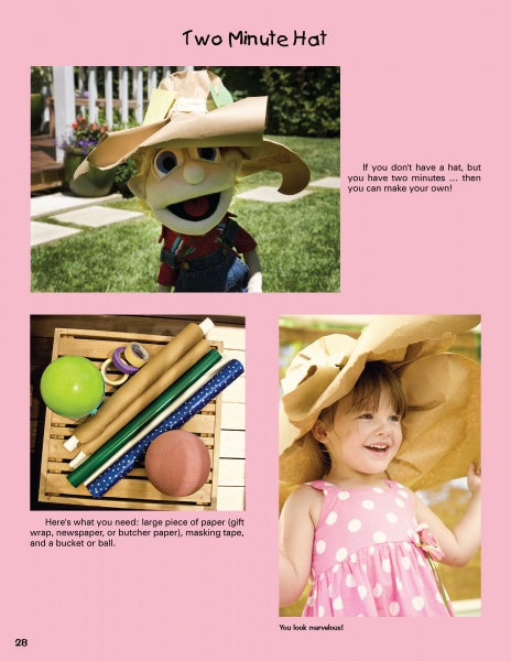 A page from Kinder Gardens by Schiffer Publishing, Ltd. shows instructions for a Two Minute Hat—great for kids’ outdoor fun. Photos feature a puppet, a girl in paper hats, and supplies like paper rolls, tape, and a ball in a basket.