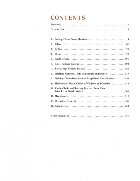 The table of contents from Thomas Wilson's Ironwork Notebooks by Schiffer Publishing, Ltd. lists chapters on chairs, stools, tables, and more—serving as creative inspiration for ironwork furniture, hardware, lighting, and decorative sculpture design.