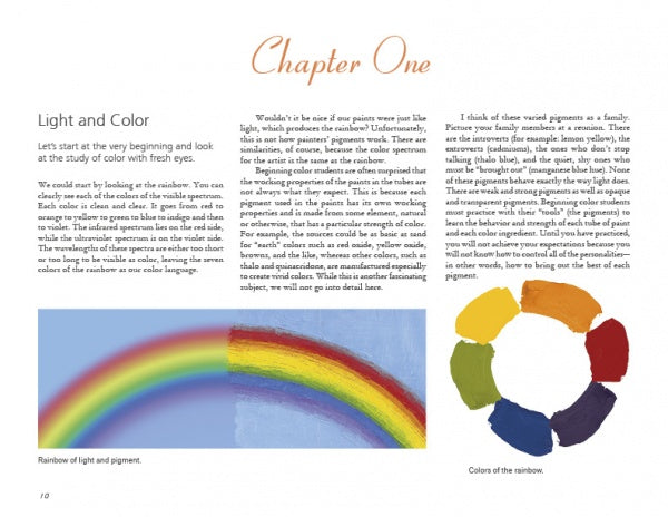 The "Fire and Light" book page by Schiffer Publishing, Ltd. features a rainbow illustration, a circular color wheel, and text about pigments, color theory, and the light spectrum in Chapter One.