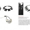 A catalog spread from "Art Jewelry Today 4" by Schiffer Publishing, Ltd. showcases contemporary jewelry—black earrings, silhouette and multi-faced pendants, and intricate metalwork necklaces by global artists, each described in detail.