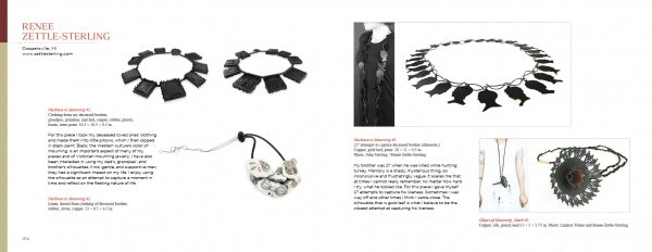 A catalog spread from "Art Jewelry Today 4" by Schiffer Publishing, Ltd. showcases contemporary jewelry—black earrings, silhouette and multi-faced pendants, and intricate metalwork necklaces by global artists, each described in detail.