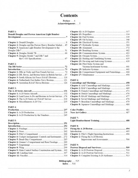 Table of contents page listing chapters and page numbers for "The Douglas A-20 Havoc" by Schiffer Publishing, Ltd., covering design, development, variants, markings, operations, and disposal of this WWII bomber.