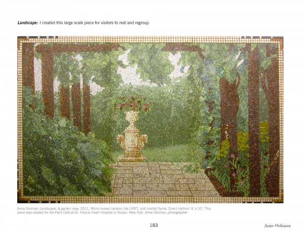 Mosaic Art Today by Schiffer Publishing, Ltd. features a mosaic garden scene with an urn planter on a stone path amid lush greenery and sunlight, capturing a peaceful and inviting outdoor atmosphere.