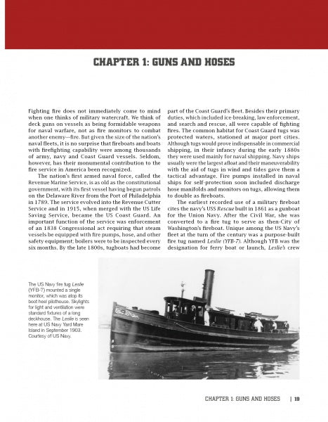 An image from "American Fireboats" by Schiffer Publishing, Ltd. shows a U.S. Navy fire tug spraying water and includes text on the history of military fireboats, highlighting marine firefighting. Image courtesy of the U.S. Navy.