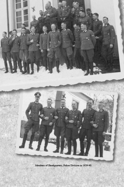 Two black-and-white photos from "Panzergrenadier Divisions of the Waffen-SS" by Schiffer Publishing, Ltd. show WWII-era soldiers in uniform posing outside a building in snow, some smiling and others standing at attention.