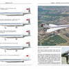 A Schiffer Publishing, Ltd. book spread on the Tupolev Tu‑144 shows aircraft diagrams on the left page and, on the right, photos of supersonic commercial aviation: the plane in flight, an airfield view, and people by the aircraft.