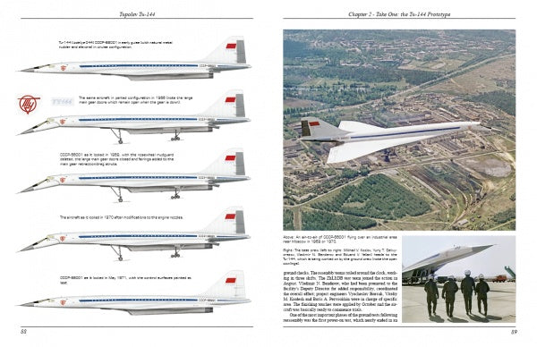 A Schiffer Publishing, Ltd. book spread on the Tupolev Tu‑144 shows aircraft diagrams on the left page and, on the right, photos of supersonic commercial aviation: the plane in flight, an airfield view, and people by the aircraft.