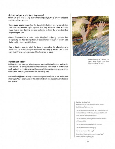 A page from Schiffer Publishing, Ltd.'s "Creating Celebration Quilts" shares quilt-making tips—such as using sheer fabrics for depth and stamping on sheers—plus art of hands reaching from water under a bright sky, all neatly arranged.