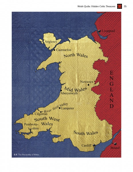 The cover of "Amish Quilts and the Welsh Connection" (Schiffer Publishing, Ltd.) features a stylized map of Wales and England in gold and red, with labeled regions and key cities Cardiff and Lampeter, known for their role in Welsh quilt history.