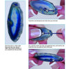 Close-up photos show hands wire-wrapping a blue oval agate stone with a hole, demonstrating techniques from "Beads & Agate Jewelry To Create Yourself" by Schiffer Publishing, Ltd. for making unique jewelry.