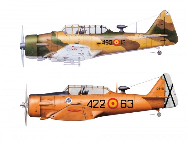 Side-view illustration of two North American T-6 Texans in yellow and brown camouflage with roundels and ID numbers, presented against a white background. Product by Schiffer Publishing, Ltd.