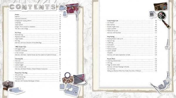 Two pages from Schiffer Publishing, Ltd.’s "Bags for Fashionistas" show the table of contents with sewing-themed illustrations—scissors, thread, and machines—along the borders. DIY handbag chapters and page numbers are listed in neat columns.