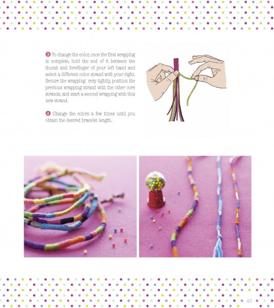 Step-by-step images and instructions from "Brazilian Bracelets: Making Friendship Bracelets & More" by Schiffer Publishing, Ltd., featuring friendship bracelet patterns, colorful threads, finished designs, and materials on a pink background with a dotted border.