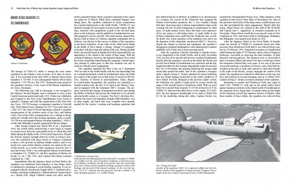 A spread from "United States Navy and Marine Corps Aviation Squadron Lineage, Insignia, and History" by Schiffer Publishing, Ltd. shows Marine scout squadron text, two insignia, and WWII aircraft photos across the page.