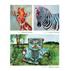 Explore vibrant alcohol ink art in "Pigments of Your Imagination" by Schiffer Publishing, Ltd., featuring a giraffe with an orange and white face, a black and white striped zebra, and an old blue rusty truck in a green field.