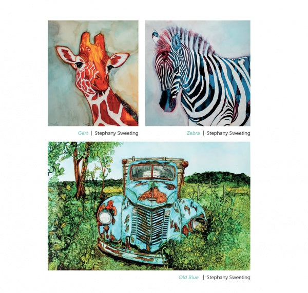 Explore vibrant alcohol ink art in "Pigments of Your Imagination" by Schiffer Publishing, Ltd., featuring a giraffe with an orange and white face, a black and white striped zebra, and an old blue rusty truck in a green field.
