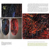 A two-page spread in *Japanese Contemporary Quilts and Quilters* (Schiffer Publishing, Ltd.) showcases abstract textile art: oval sculptures on the left, and vibrant red, black, and yellow threadwork close-ups on the right.