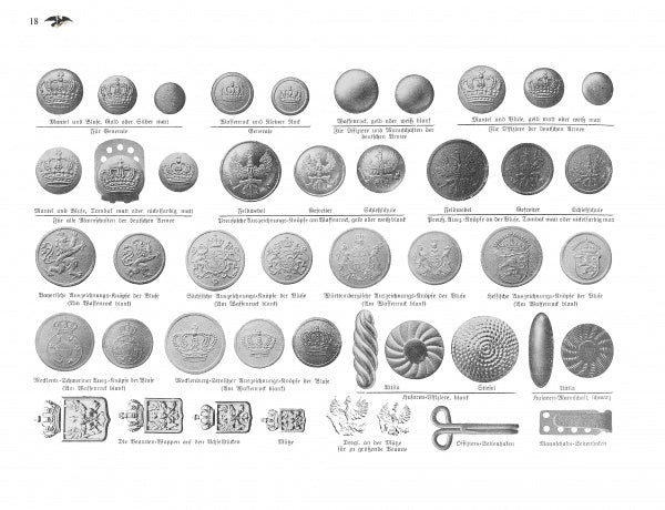 The chart "Feldgrau 1915-16" by Schiffer Publishing, Ltd. showcases early 20th-century German Army uniform buttons, badges, and insignia from feldgrau 1915-16 wartime uniforms, all labeled with German text and arranged in rows.