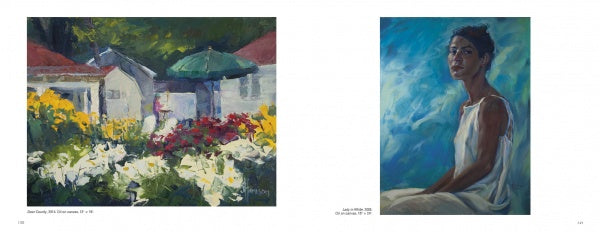 On the left, "Fire and Light" by Schiffer Publishing, Ltd.: a vivid garden scene with flowers, green umbrella, and white cottages; on the right, a portrait of a woman in a white dress against blue-green.
