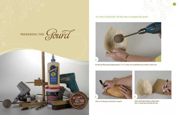 A two-page spread in Schiffer Publishing, Ltd.’s Creating Wall Pockets shows gourd crafting tips with tools on the left and step-by-step photos on the right of hands cleaning and sanding a hollowed gourd with a rotary tool and brush.