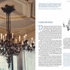 A page spread from Thomas Wilson's Ironwork Notebooks by Schiffer Publishing, Ltd. features a color photo of an ornate ironwork chandelier on the left and a foreword with a black-and-white chandelier illustration on the right.