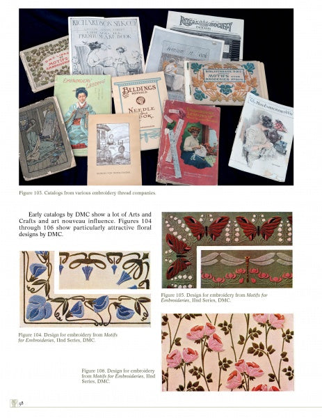 Displayed above is "Arts and Crafts Embroidery" by Schiffer Publishing, Ltd., with close-ups of floral and butterfly needlework designs shown below. Captions highlight embroidery patterns featured in the book.