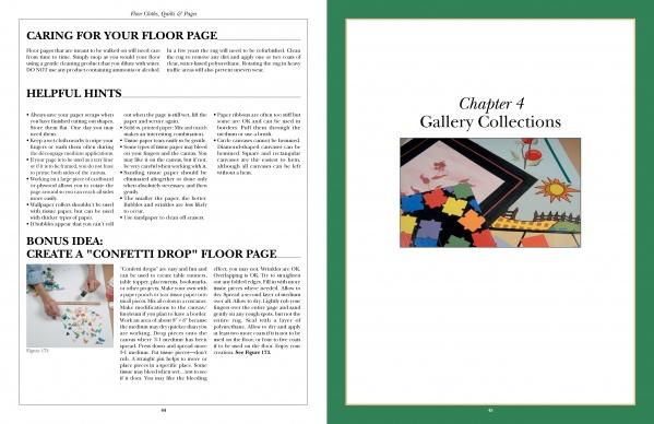 In "Floor Cloths, Quilts, and Pages" by Schiffer Publishing, Ltd., a two-page spread features care tips, hints, and a confetti drop idea on the left, while the right introduces Chapter 4, Gallery Collections, with a collage photo.