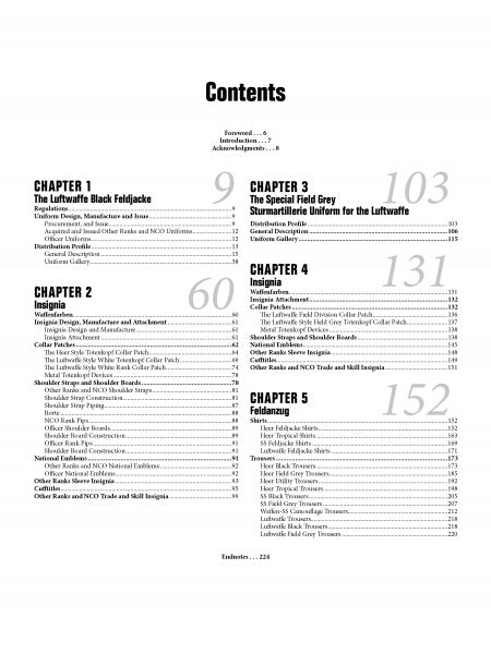 Table of contents for "Panzer Feldjacke" by Schiffer Publishing, Ltd., with chapters and sections on Luftwaffe uniforms, Third Reich militaria, and Wehrmacht/SS insignia; large gray chapter numbers and right-aligned page numbers.