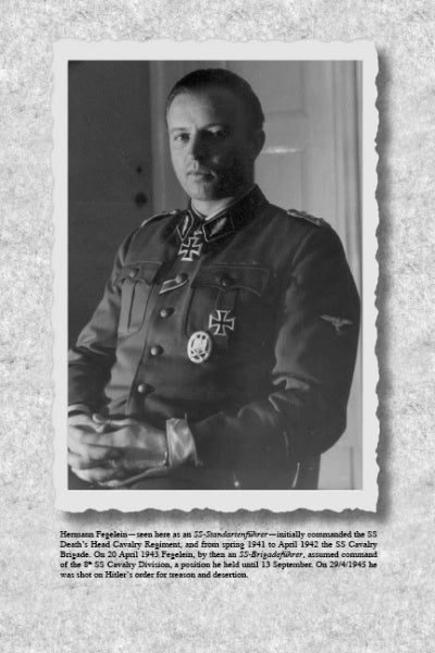 A black and white photo from "Cavalry Divisions of the Waffen-SS" by Schiffer Publishing, Ltd. shows a decorated WWII German officer sitting and looking at the camera, framed by a rough-edged white border.