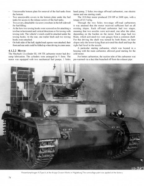 Black-and-white photo from "The Spielberger German Armor and Military Vehicle Series" by Schiffer Publishing, Ltd., shows a WWII German tank front view—main gun, tracks, armored body visible—with technical details above. No crew is present; tank is parked outdoors.