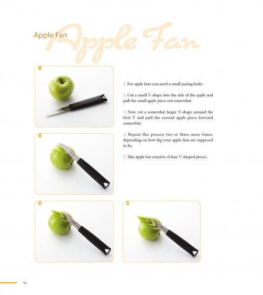 Discover how to create an apple fan with step-by-step images from "Garnish and Decorating Made Easy" by Schiffer Publishing, Ltd.—slice and arrange a green apple for stunning plate decorations at your next buffet.