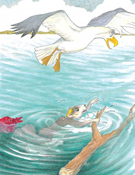 A powerful bird with yellow talons and beak soars above water as a scared mouse grips a floating branch. A red item drifts nearby—an evocative image from "Chadwick Forever" by Schiffer Publishing, Ltd.