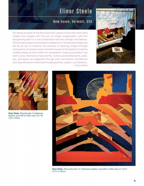 A collage of artist Elinor Steele, her statement, and images of her colorful, abstract woven textiles appears in "Contemporary International Tapestry" by Schiffer Publishing, Ltd., featuring geometric patterns in vibrant hues.