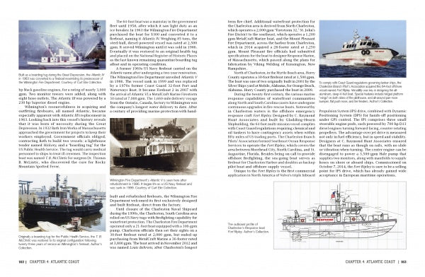 Two pages from "American Fireboats" by Schiffer Publishing, Ltd. feature text about the Coast Guard, four black-and-white and color photos of fire and rescue boats, and a technical drawing of a marine firefighting vessel in the lower right corner.