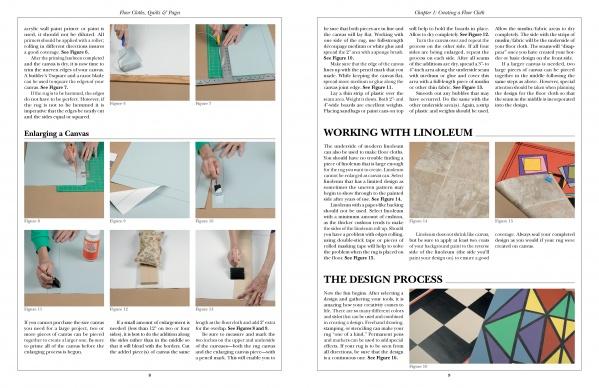 A spread from "Floor Cloths, Quilts, and Pages" by Schiffer Publishing, Ltd. features step-by-step canvas enlargement photos, linoleum tips, tool demonstrations, and colorful geometric art with painted floor cloths for home decor inspiration.