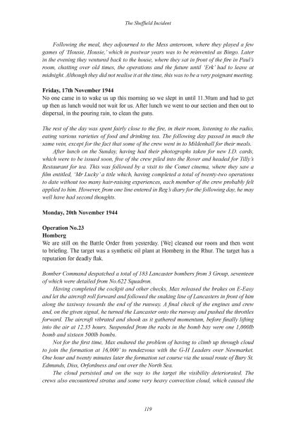 A typed book page titled “The Sheffield Incident” from *The Easy Boys: The Story of a Bomber Command Aircrew in World War II* (Schiffer Publishing, Ltd.), with World War II diary entries dated Nov 17 & 20, 1944 about No.622 Squadron on page 119.