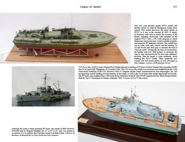 A page from "American PT Boats in World War II Volume Two" by Schiffer Publishing, Ltd. shows three images: a green model torpedo boat, a black-and-white WWII naval photo, and a tan-blue patrol boat, each with text descriptions.