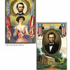 Two vintage Abraham Lincoln postcards from Schiffer Publishing, Ltd.: one depicts Lincoln and a woman with a pink ribbon amid US flags; the other features his portrait above a log cabin and the White House.