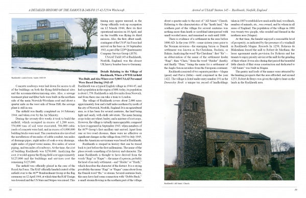 A book spread from "The Famous B-24 Witchcraft" by Schiffer Publishing, Ltd. shows a house with a fence on the left page and a stone church with a square tower on the right, both featuring historical text about the 8th Army Air Force in WWII.