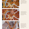 Three photos from Schiffer Publishing, Ltd.'s "Advanced Veneering and Alternative Techniques" show hands assembling brown veneer triangles in a spiral design, alongside woodworking guide steps for aligning and gluing using advanced veneer techniques.