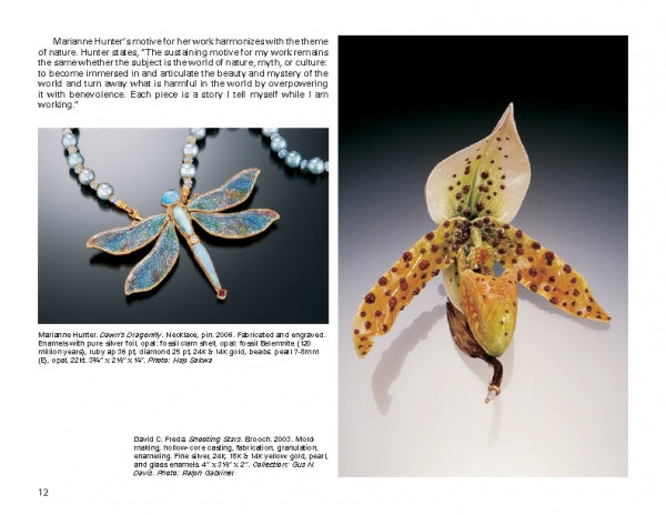 A page from "Art Jewelry Today 2" by Schiffer Publishing, Ltd. displays a dragonfly necklace with blue-gold wings and a lifelike speckled orchid sculpture, each labeled with the artist’s name and materials used.