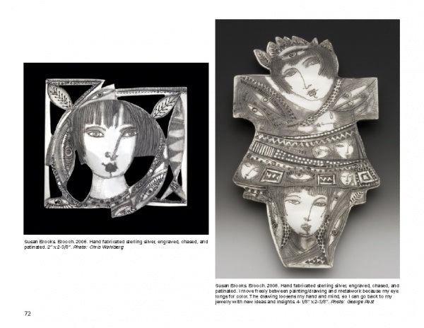 “Art Jewelry Today 2” by Schiffer Publishing, Ltd. showcases two silver brooches: one round with an abstract woman’s face, and one curved rectangle with two overlapping faces—striking examples of contemporary wearable art.