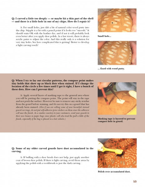 Chip-Carving Gourds by Schiffer Publishing, Ltd. is a how-to guide with step-by-step photos for repairing chips, using masking tape for compass points, and polishing carved gourds, featuring close-ups of surfaces and hands at work.