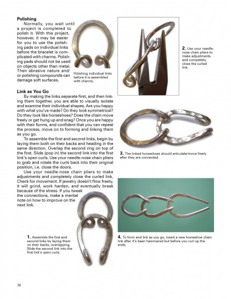 A step-by-step tutorial page from Schiffer Publishing, Ltd.’s "Wire & Fused Jewelry" shows images and instructions for assembling and linking horseshoe-shaped metal pieces with pliers, demonstrating wire jewelry techniques and finished chain links.